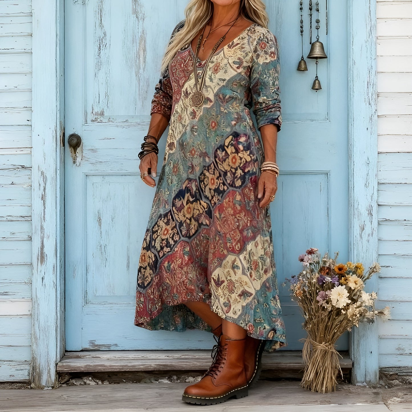 Fabiola | Vestido Vintage con Estampado Étnico – Estilo Bohemio y Elegancia Atemporal