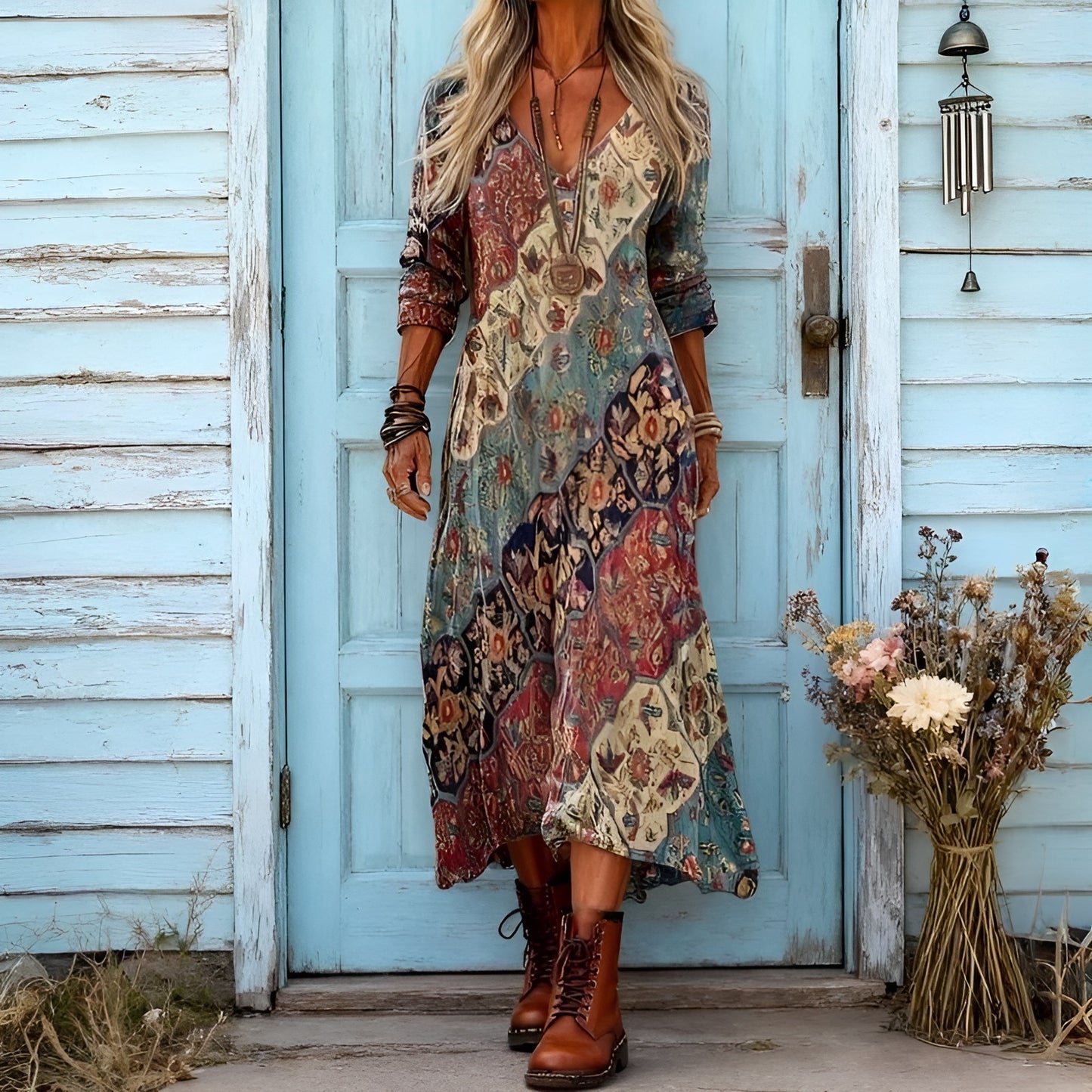 Fabiola | Vestido Vintage con Estampado Étnico – Estilo Bohemio y Elegancia Atemporal