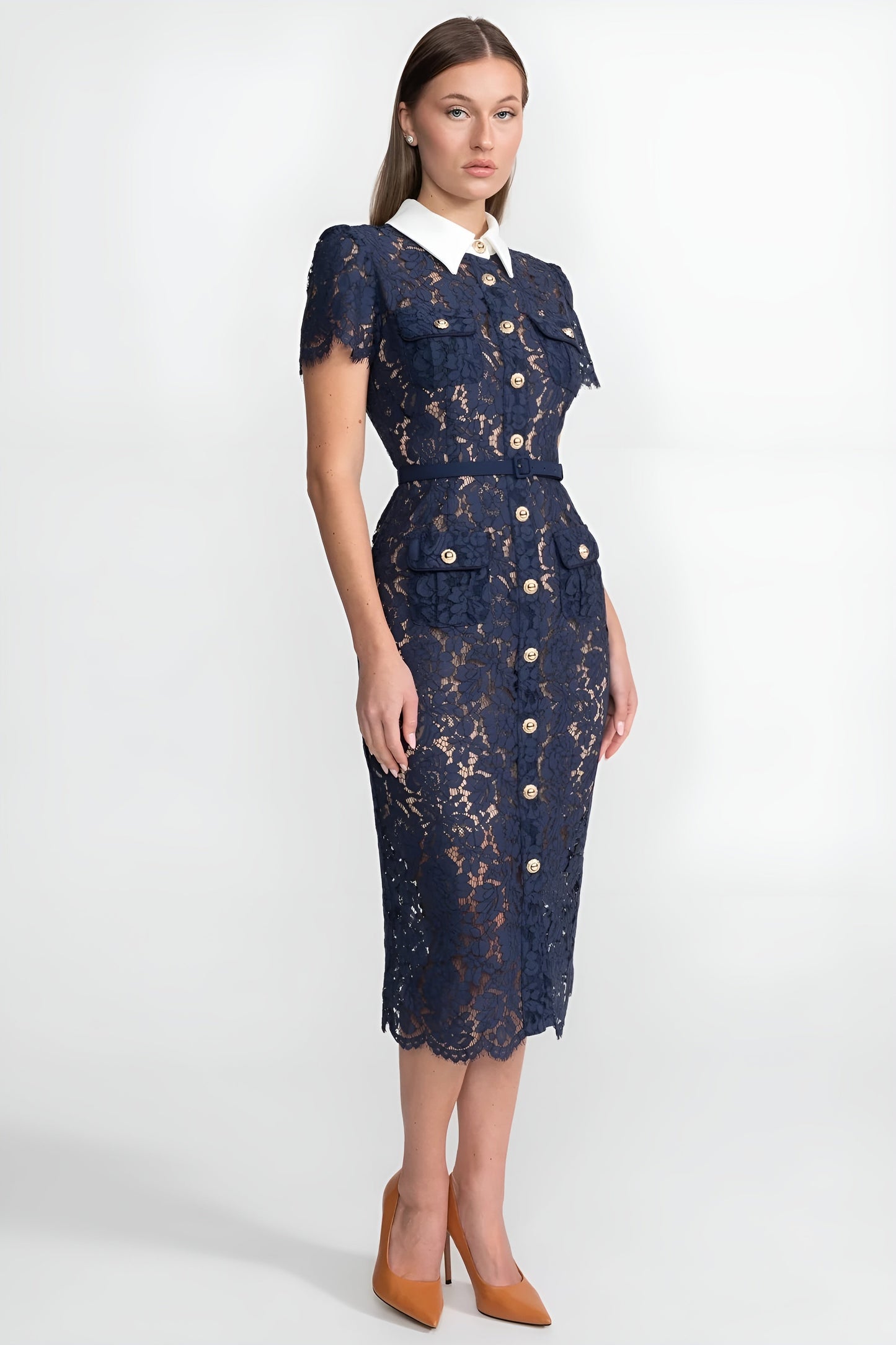 Melania | Vestido Midi de Encaje Floral con Cuello Sastre y Cintura Ceñida