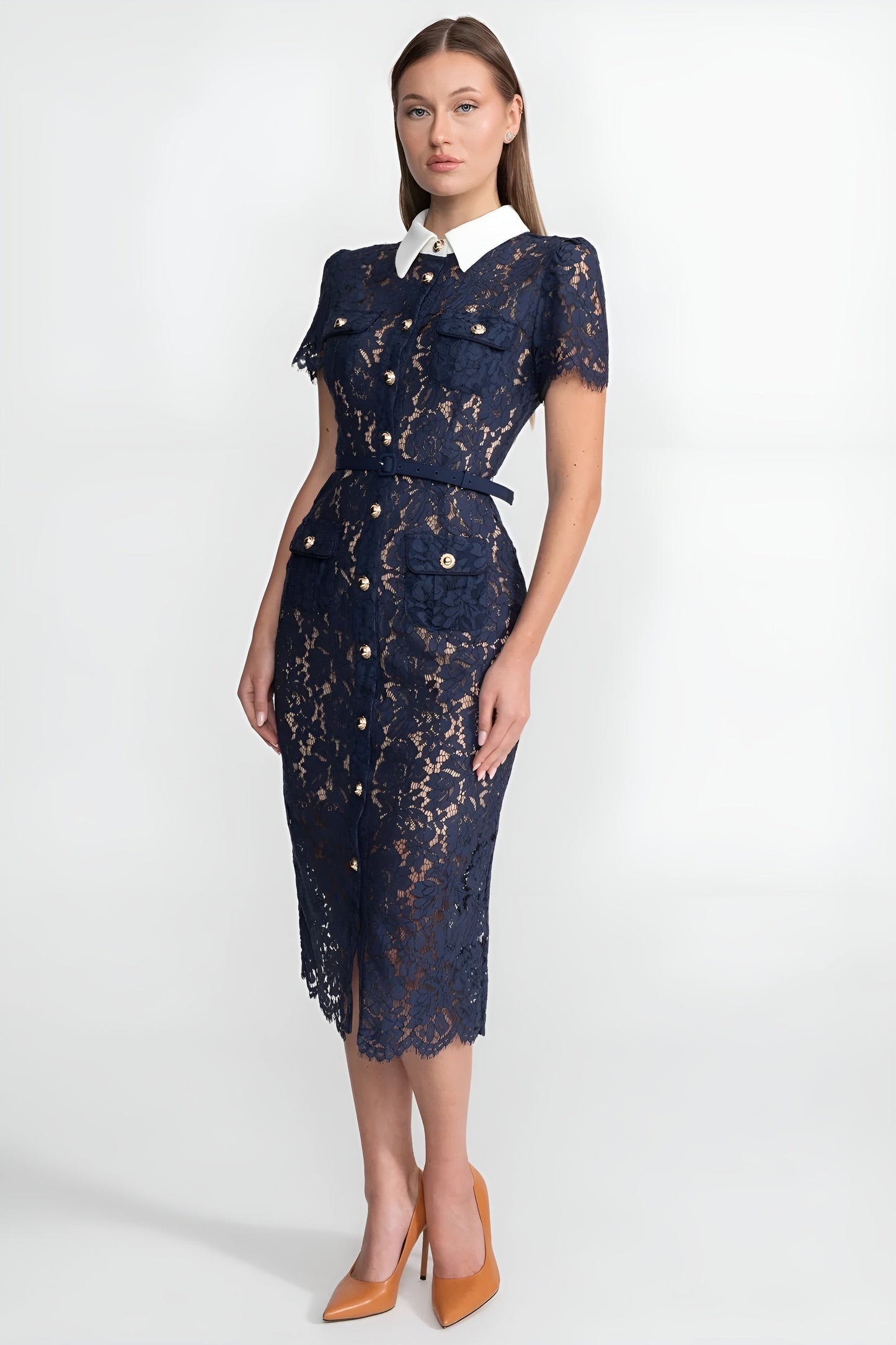 Melania | Vestido Midi de Encaje Floral con Cuello Sastre y Cintura Ceñida