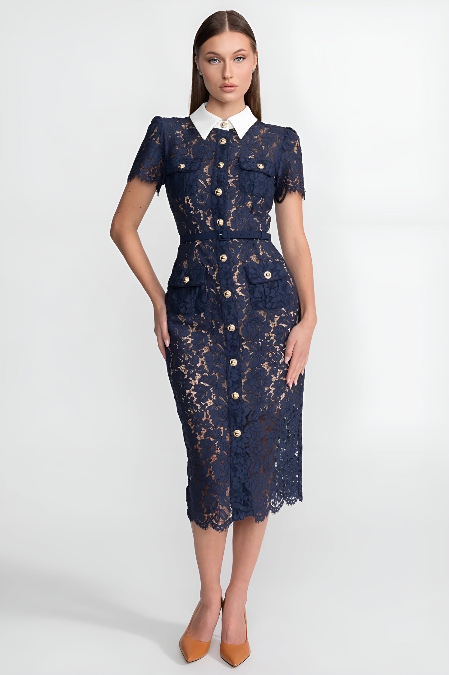 Melania | Vestido Midi de Encaje Floral con Cuello Sastre y Cintura Ceñida