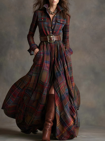 Lorena | Vestido Largo de Cuadros – Elegancia Clásica con Carácter Moderno