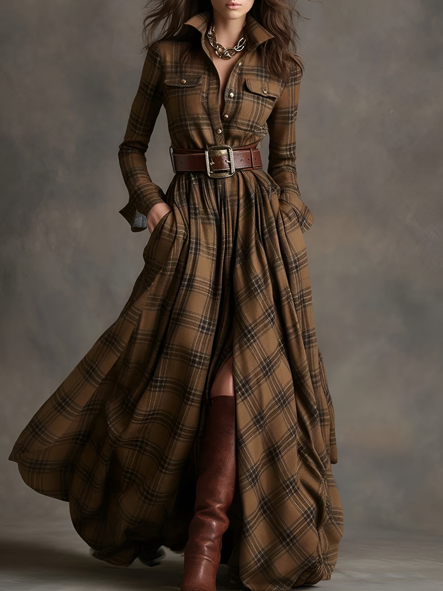 Lorena | Vestido Largo de Cuadros – Elegancia Clásica con Carácter Moderno