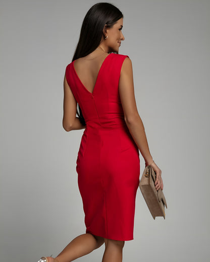 Adriana | Vestido Midi Elegante con Escote Drapeado y Abertura Lateral