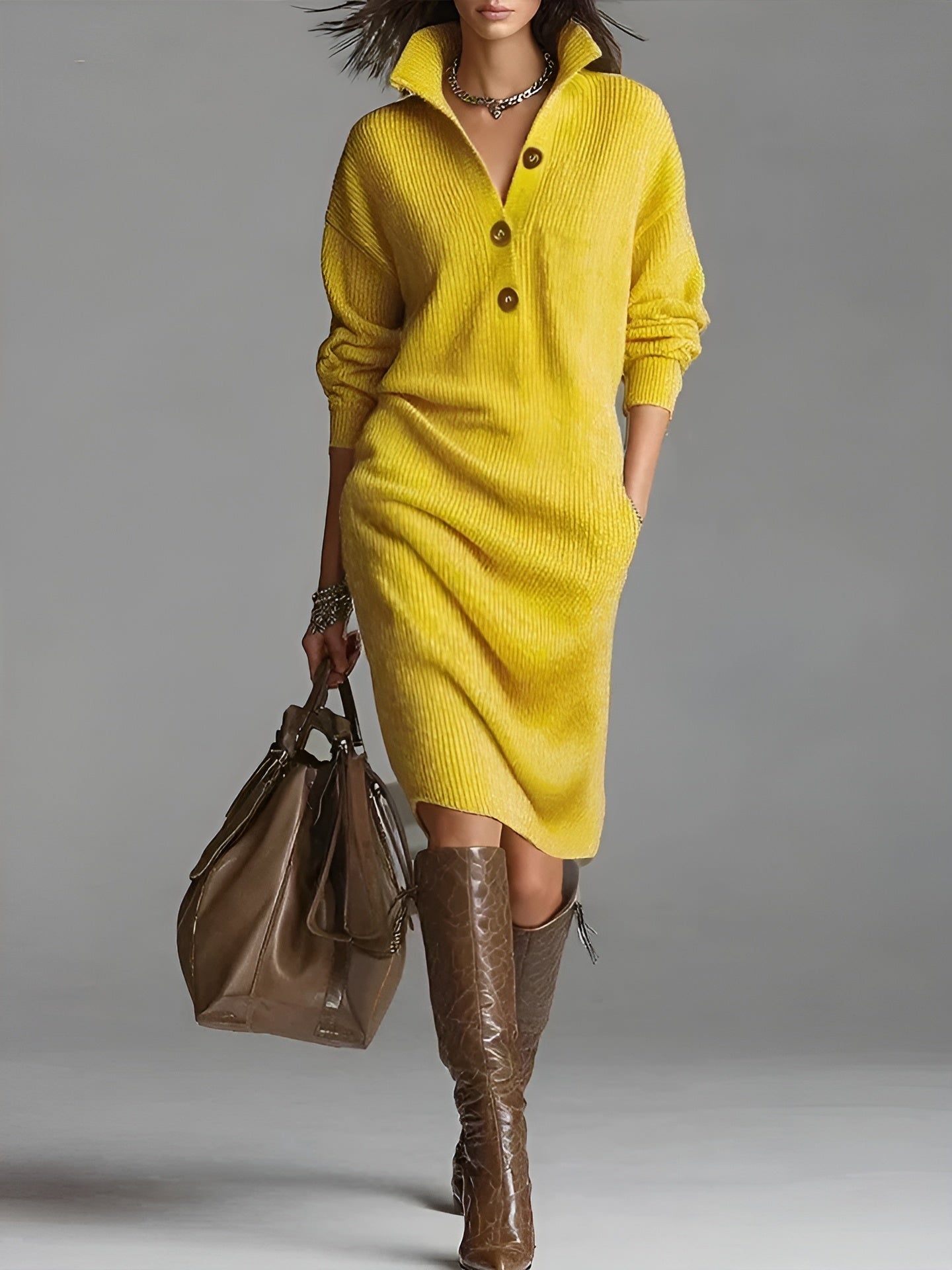 Lidia | Vestido de Punto con Cuello y Botones – Elegancia Cómoda para Cada Día