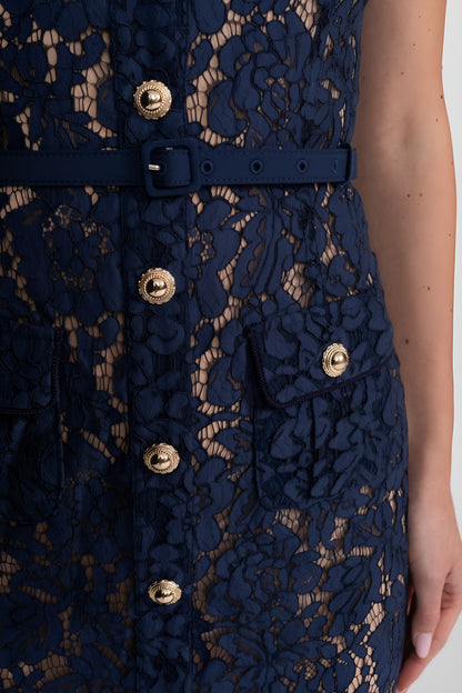 Melania | Vestido Midi de Encaje Floral con Cuello Sastre y Cintura Ceñida